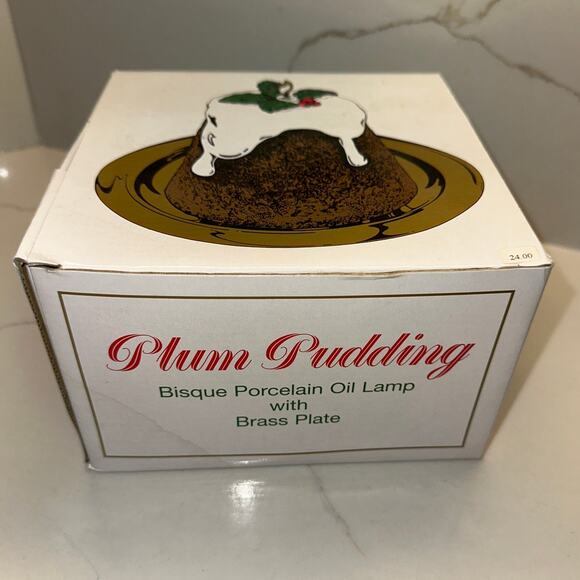 VTG. Bisque Porcelain Oil Lamp Solid Brass Plate Decorative Plum Pudding Dept 56 - Picture 1 of 5